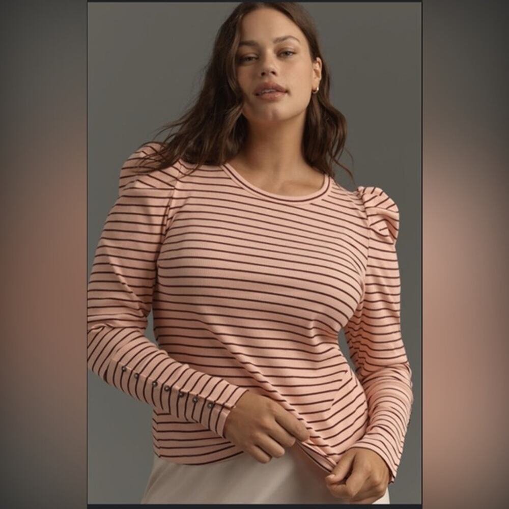 Anthropologie Maeve Long Puff-Sleeve Top Pink Striped Size  XXSP‎